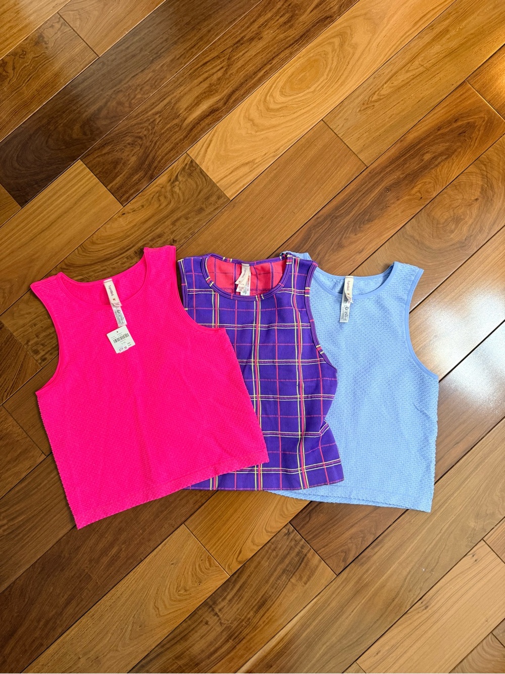 Anthropologie Tank Tops Trio - Hot Pink, Purple Plaid, Light Blue